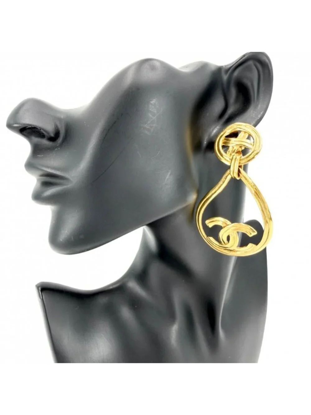 Chanel Big Earrings CC Logo Vintage Swing Gold Plated